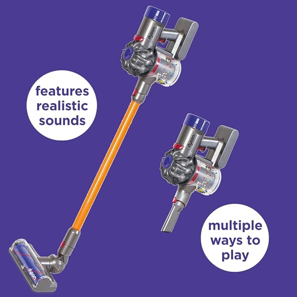 CASDON DYSON CORDLESS VACUUM INTERACTIVE & OFFICIALLY LICENSED TOY DYSON VACUUM FOR CHILDREN AGED 3+ REALISTIC ROLE-PLAY FUN, PURPLE AND ORANGE