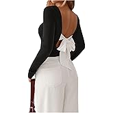 GORGLITTER Women's Color Block Tie Bow Backless T Shirt Long Sleeve Crewneck Tee Crop Tops