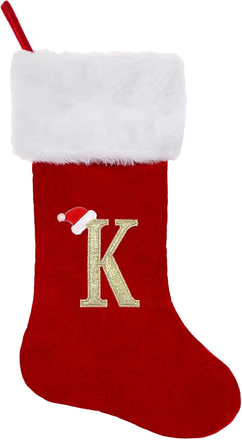 Stockings & Holders - CRSTAFU Personalized Monogram Christmas Stocking, 20 Inches Family Initial Xmas Stockings, Super Soft White Plush Cuff with Deluxe Red Velvet Body and Gold Letter(K)