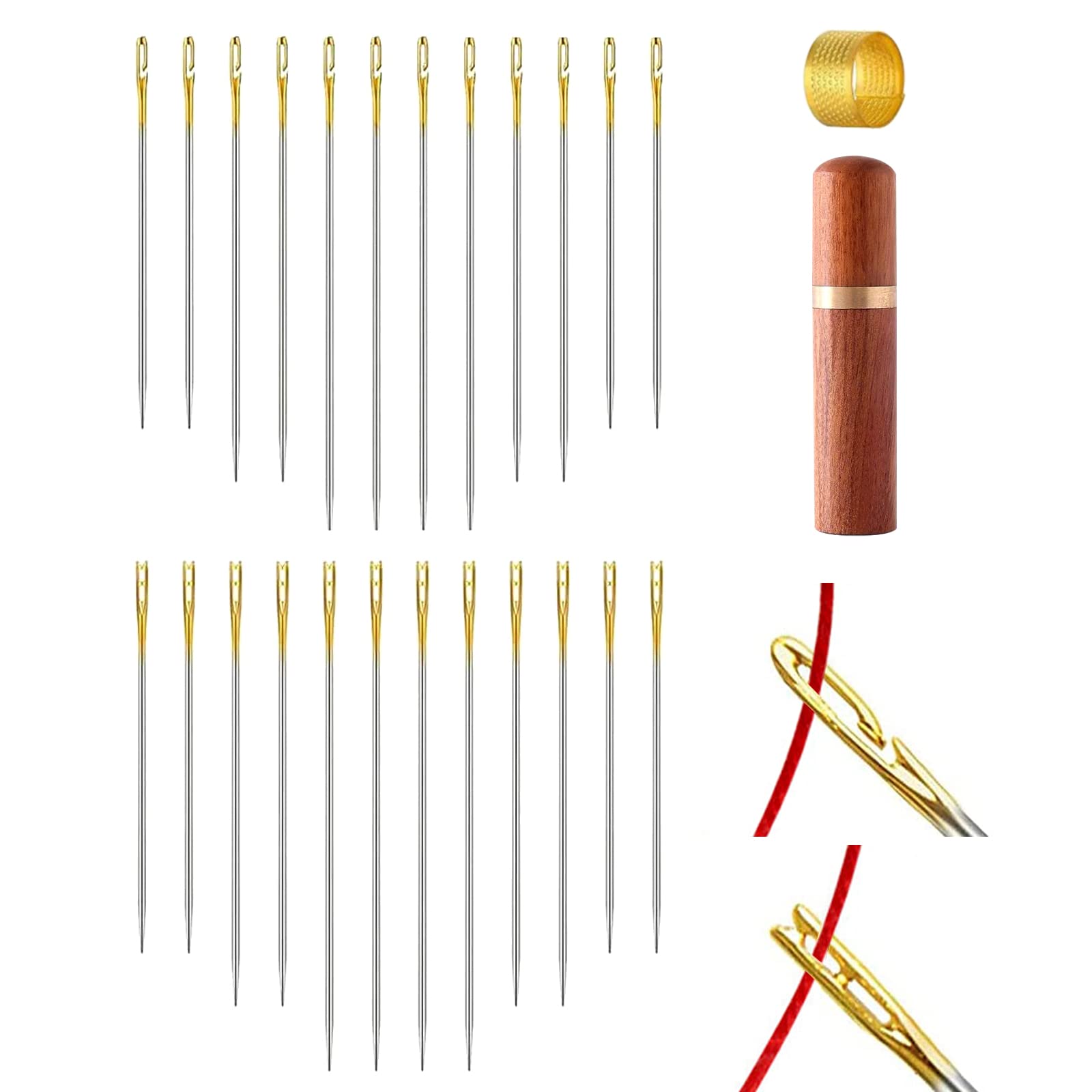 Redamancy Needles, Self-Threading Needles, 48 Pieces Self Threading Sewing Needles, 3 Sizes, Easy Threading Needles, with 1 Wooden Needles Box and 1 Thimble, Embroidery Needles for DIY Embroidery,