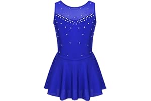 Moily Big Girls Shiny Rhinestone Mesh Splice Back Figure Ice Skating Dress Ballet Tank Leotard Dancewear