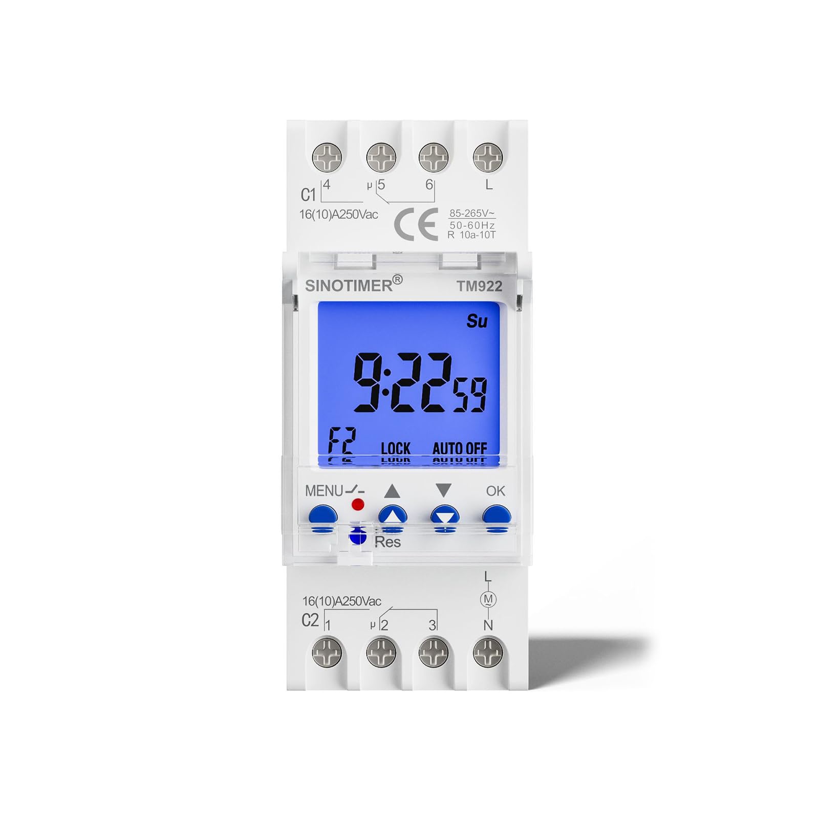 SINOTIMER TM922 2 Channels Big LCD Display Programmable Timer Time Clock Switch with Two Relays Independent 16A Outputs (Blue Backlight)