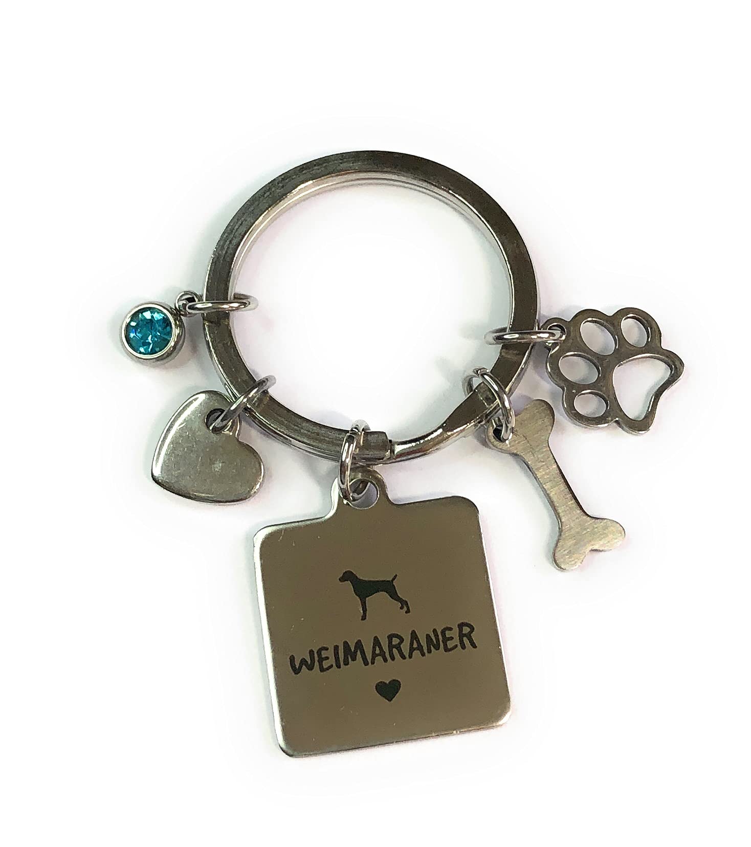 FizzyButton Gifts Weimaraner Puppy Dog Keyring Key Ring with Turquoise Rhinestone and Stainless Steel Bone, Paw and Heart Charms