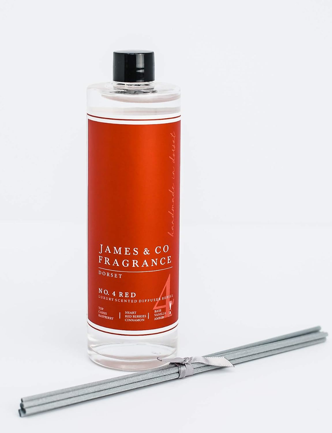James & Co No. 4 Red (Spiced Berries, Cinnamon and Vanilla) 200ml Fragrance Refill Bottle with 6 Grey Fibre Reeds