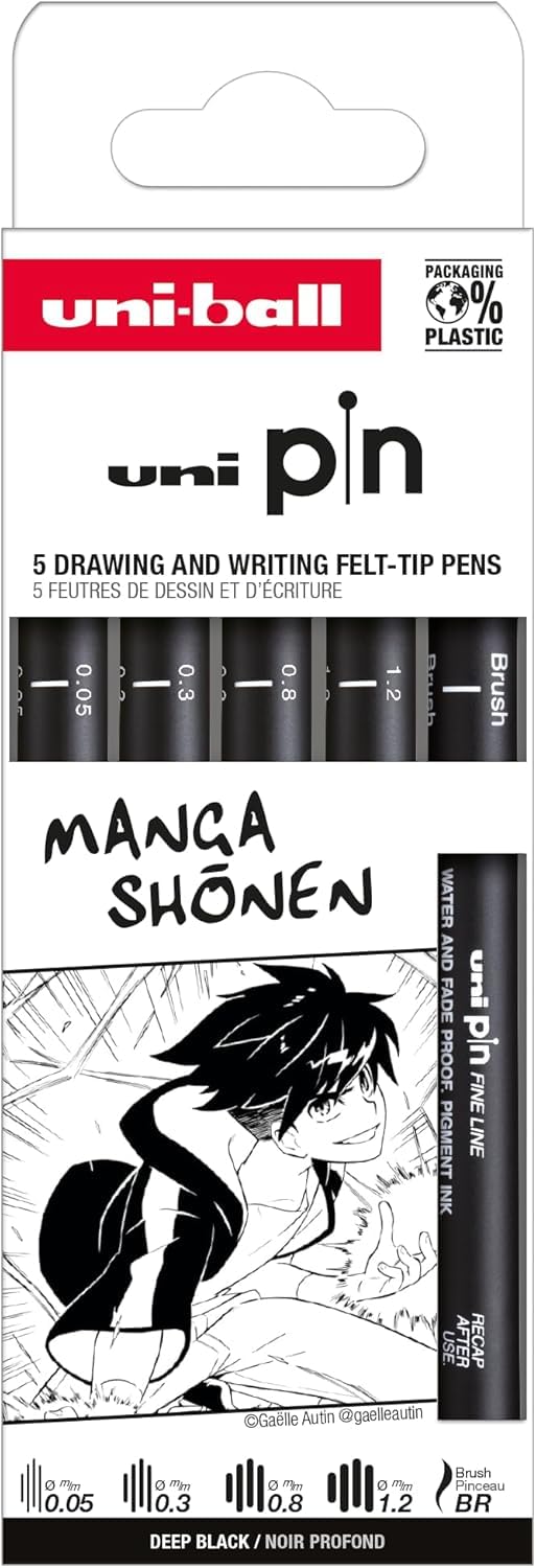 uni-ball - 5 Shonen Manga Writing and Drawing Pens - 4 Ultra-Fine to Medium Calibrated Tips and 1 Brush Tip - Black Ink