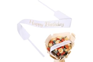 LASSOS BOUTIQUE Set of 12 Bouquet Banner Grosgrain Ribbon Tie Wrap Printed Sash Florist Bulk Supply for Floral Arrangements (White - Happy Birthday)