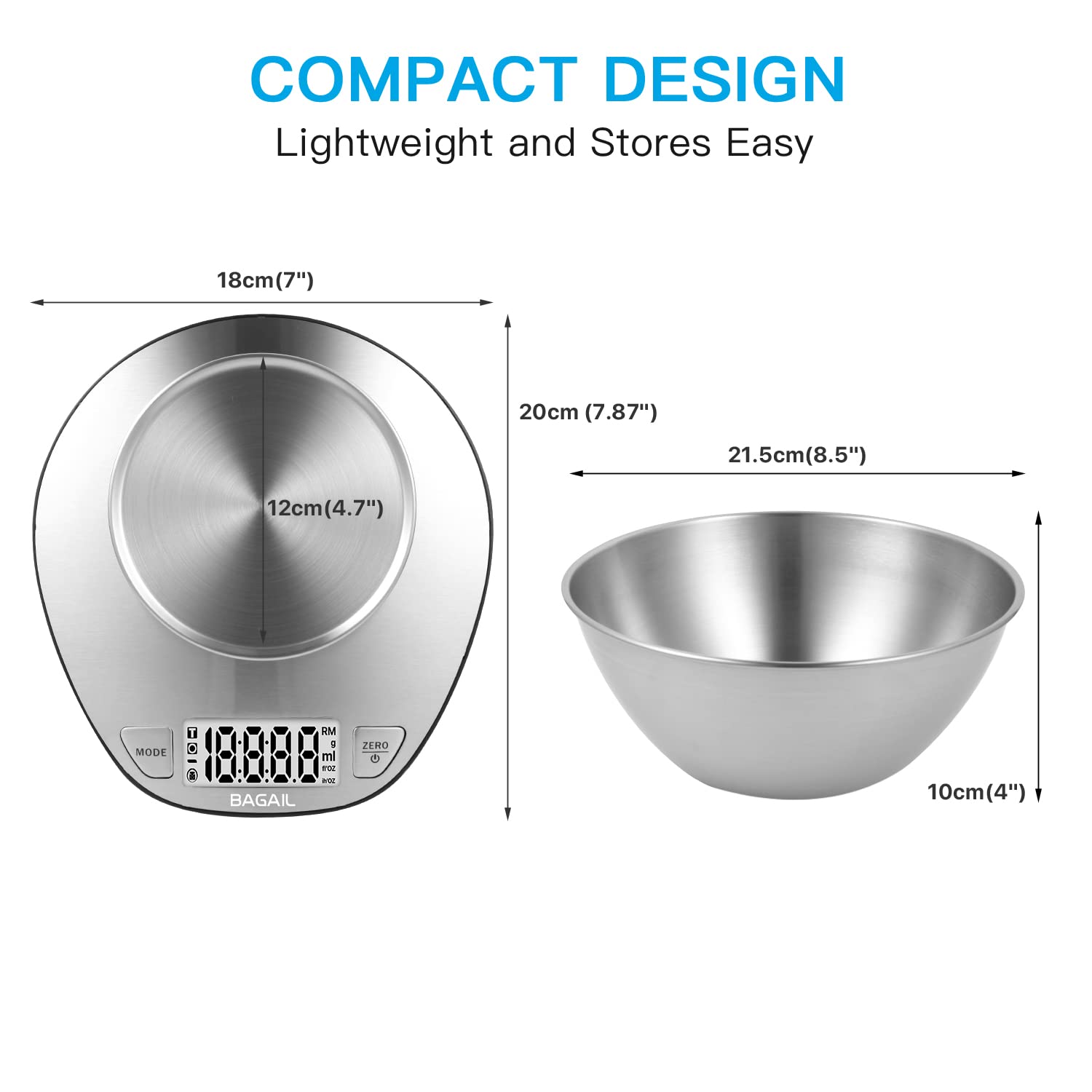 BAGAIL BASICS Electronic Kitchen Scale Premium Large Display Backing Scale Wet and Dry Food Weighing Scale with Stainless Steel Mixing Bowl - 5kg