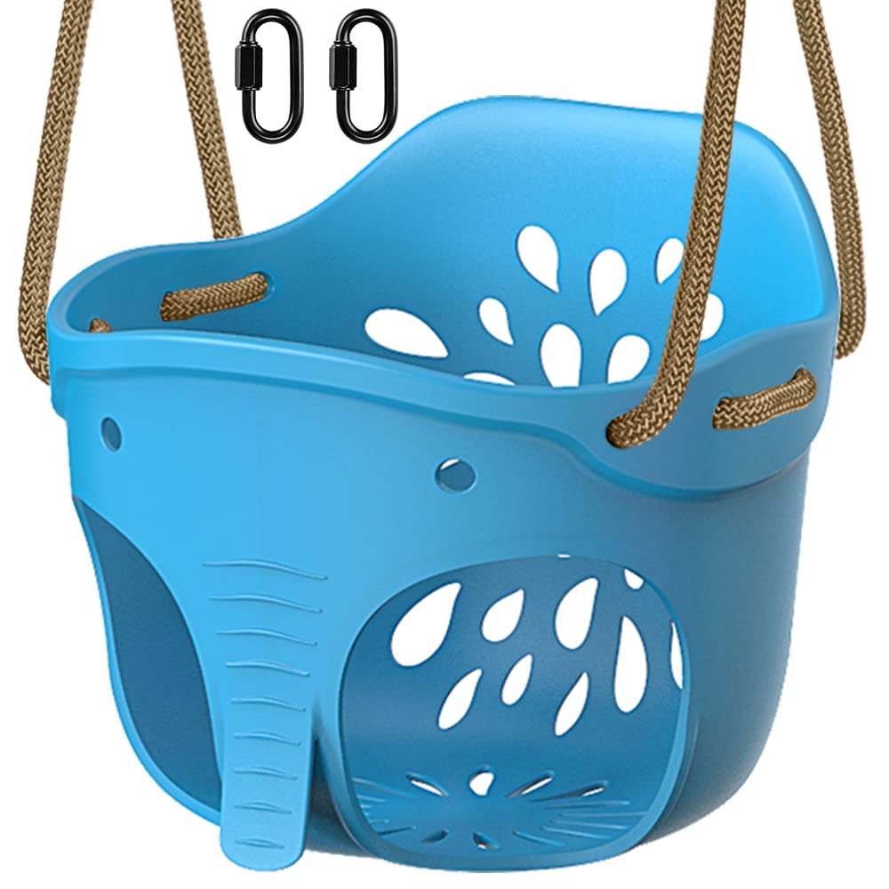 BeneLabel Swing Seat, Kids Soft Plastic Bucket Swings Indoor/Outdoor Child Tree Swinging with High Back & Adjustable 130-200cm Rope for 1-3 Years Toddler/Baby, Blue Elephant / 600lbs
