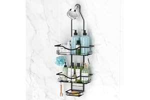 REINHARDT Shower Caddy Hanging Adjustable Shower Caddy, Rustproof Shower Organizer Extended Length Shower Caddy Over Shower Head with Hooks Soap Holder, Large Capacity Anti-Swing Bathroom Organizer, Black