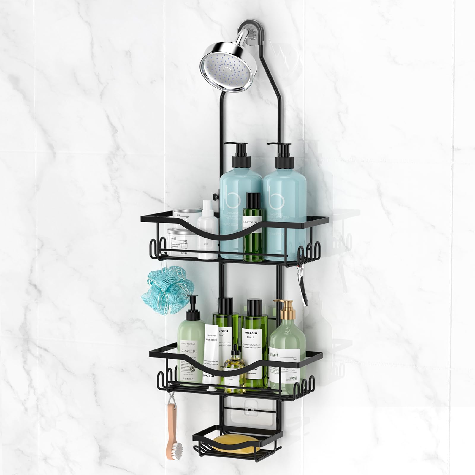 Photo 1 of Shower Caddy Hanging Adjustable Shower Caddy, Rustproof Shower Organizer Extended Length Shower Caddy Over Shower Head with Hooks Soap Holder, Large Capacity Anti-Swing Bathroom Organizer, Black