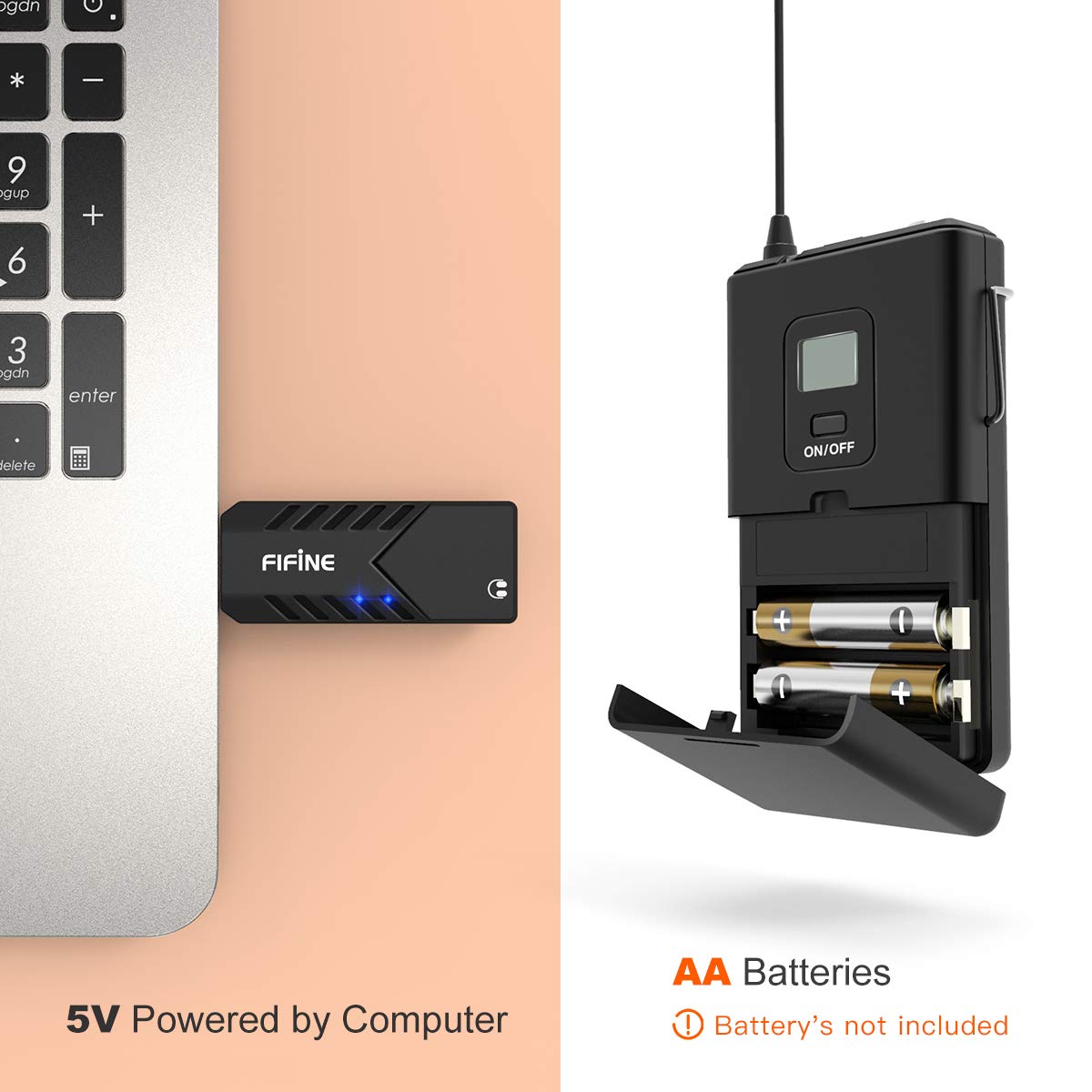FIFINE Wireless Microphones for Computer, USB Wireless Microphone System for PC and Mac, Headset UHF System with USB Receiver,Transmitter, Headset and Clip Lavalier Lapel Mic-K031B