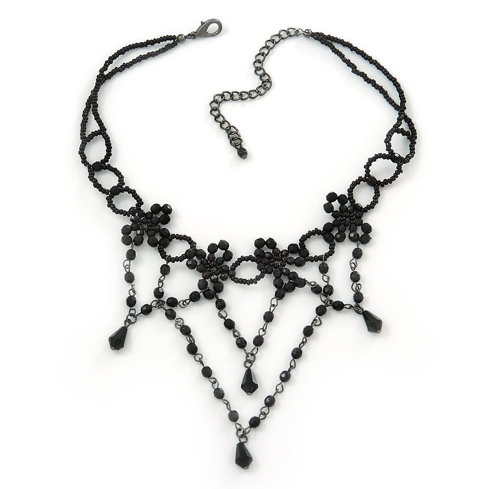 Avalaya Chic Victorian/Gothic/Burlesque Black Bead Choker Necklace - 31cm Length/ 8cm Extension