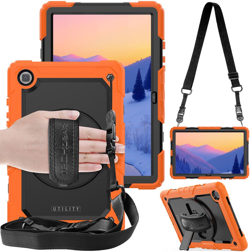 TECHGEAR UTILITY Case fits Samsung Galaxy Tab A7 10.4" (SM-T500 / T503 / T505 / T509) Tough Rugged HEAVY DUTY Armour Shockproof Impact Case with 360 Rotating Stand, Hand & Shoulder Strap - Orange