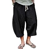 EKLENTSON Mens Cotton Linen Capri Pants Light Loose 3/4 Long Shorts Elastic Waist Drawstring Harem Casual Beach Yoga Trousers