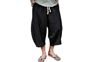 EKLENTSON Mens Cotton Linen Capri Pants Light Loose 3/4 Long Shorts Elastic Waist Drawstring Harem Casual Beach Yoga Trousers