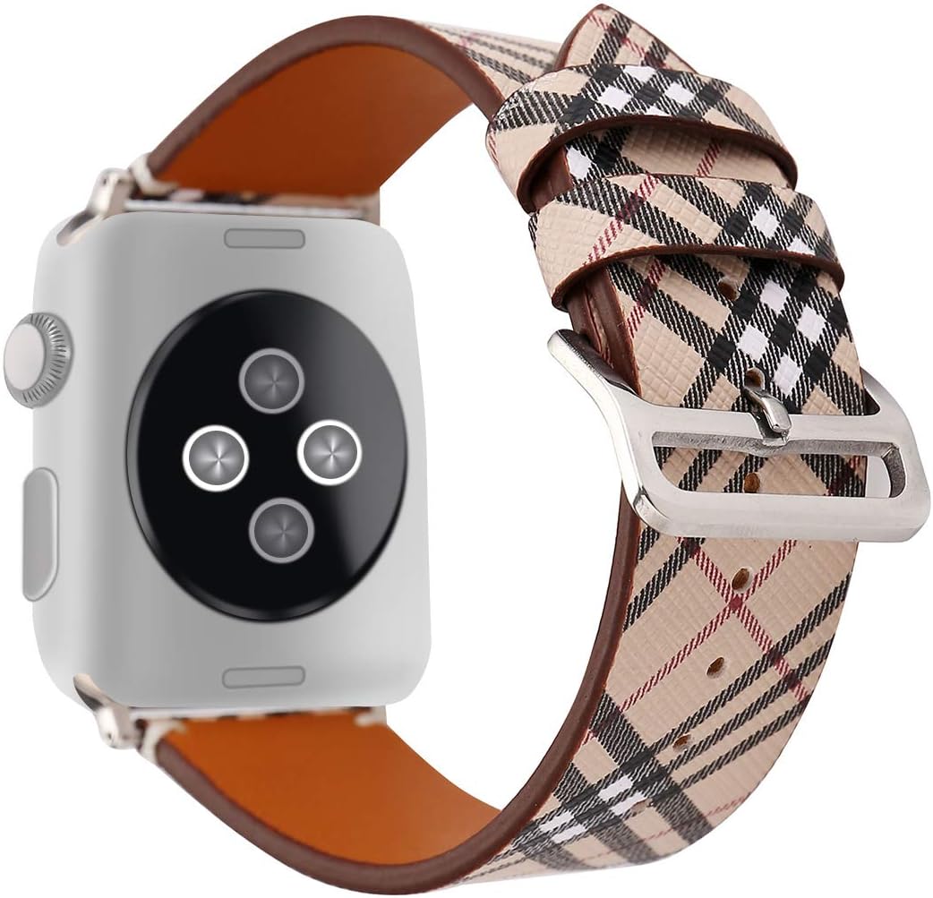 Coholl 38/40mm Tartan Plaid Style Replacement Strap Wrist Band with Metal Adapter Compatible for Apple Watch Series5 4 3 2 1 Soft PU Leather Pastoral/Rural Style 42/44mm (E, 38/40mm)