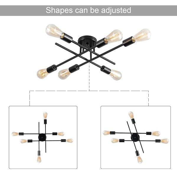 BRKNIT SPUTNIK CHANDELIERS, MODERN SEMI FLUSH MOUNT CEILING LIGHT WITH E26 BASE, MID CENTURY INDUSTRIAL KITCHEN FARMHOUSE LIGHT FIXTURES FOR BEDROOM LIVING ROOM (BLACK, CEILING 6 LIGHTS (LENGTHEN))