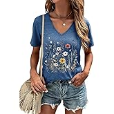 Women's T-Shirt V-Neck Graphic Tees Vintage Boho Flowers Shirt Summer Casual Plant Short Sleeve Tshirt Tops