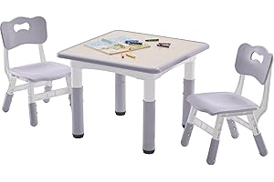 DOREROOM Kids Table and 2 Chairs Set, Height-Adjustable Toddler Table and Chairs Set with Graffiti Desktop, 23.6''L x 23.6''W Children Activity Table for Daycare, Classroom, Home