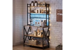 Yaheetech Kitchen Bakers Rack with Power Outlet & LED Lights, 5 Tiers Coffee Bar Table with 8 S Hooks, 64 Inches Tall Microwave Oven Stand with Storage for Spices, Pots, Rustic Brown