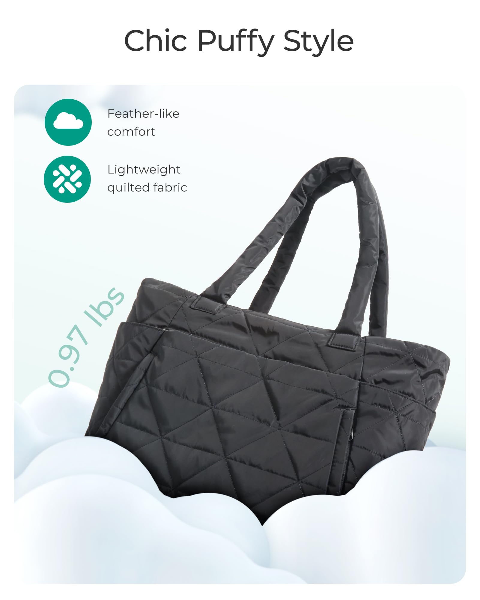 BAGSMART Tote Bag for Women, Puffy Tote Bag with Zipper, Large Quilted Shoulder Bag with Compartments for Travel, Work, Gym
