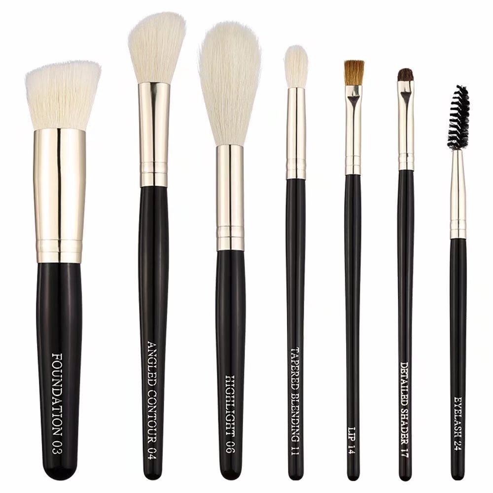 BEILI 7 Piece Makeup Brush Set for Travelling Goat Hair Wool Fiber Set of Makeup Brushes for Foundation Contour Eyeshadow Eyebrow Lip Eyelash