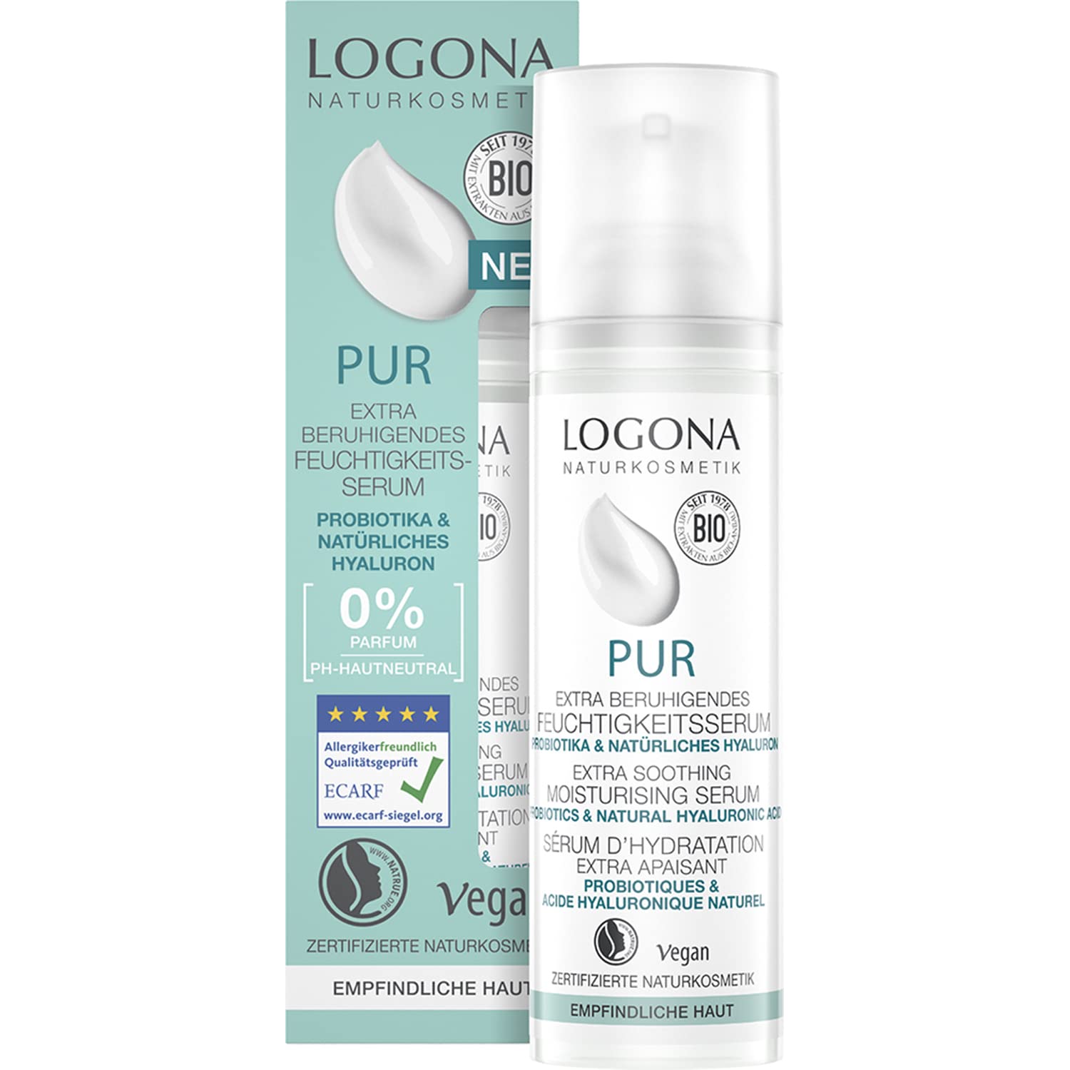 Natural Hyaluronic Serum for the Face, Soothes Sensitive Skin & Intensive Moisturising Serum with Probiotics & Hyaluron, Certified Natural Cosmetics from Logona Pure, Vegan, 30 ml