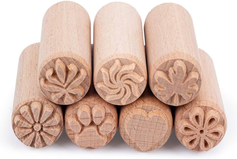 OLYCRAFT 7Pcs Wood Stamp Wood Pottery Tools Stamps Column Wooden Stamps Clay stamps Wood Stamps with Mixed Patterns Wooden Handle Pottery Tools Set for Clay Ceramic Birthday Presents-50 x 20mm