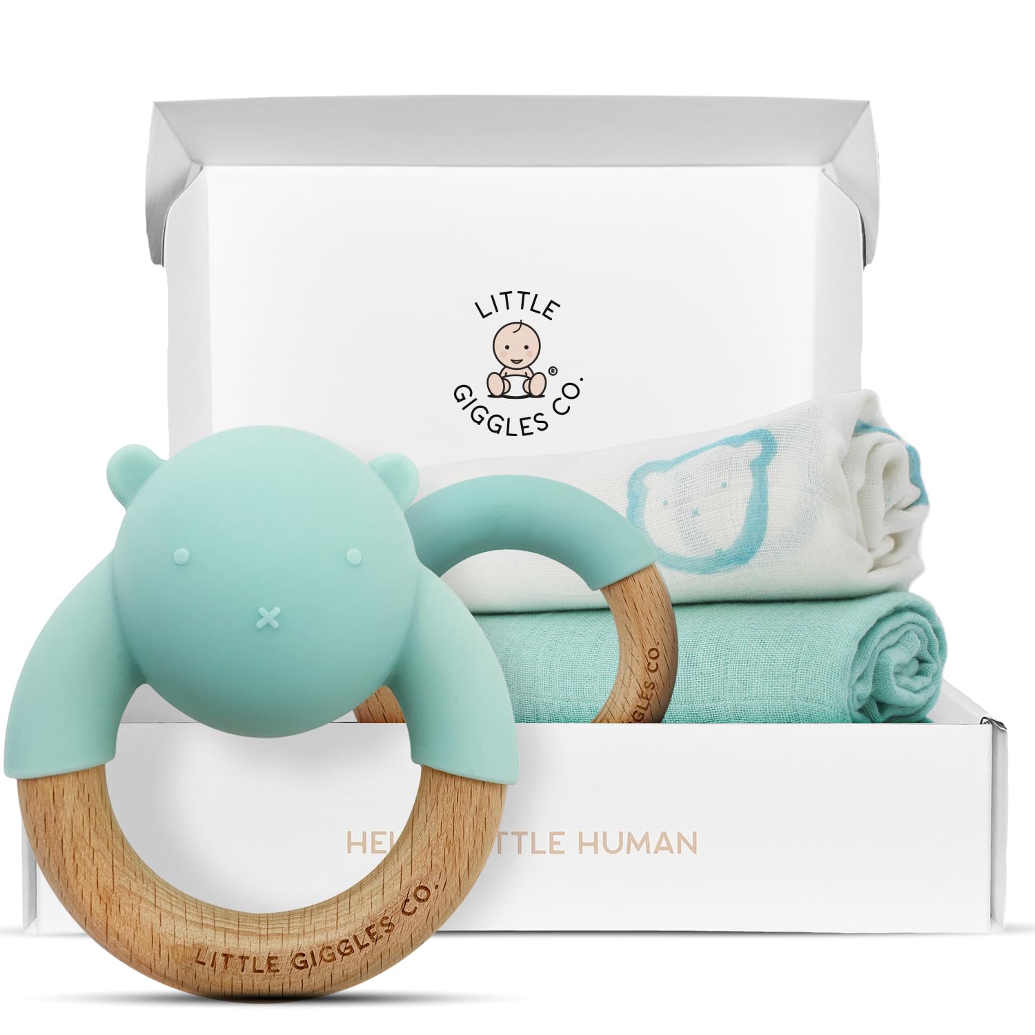 Little Giggles Co.® Baby Gift - Unisex Teething Toys & Large Muslin Cloths Set. Sensory Play Rattle, Soothing Teether Ring, Soft Cotton Muslins. Essentials for Newborn & Baby Shower Gifts