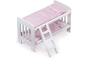 Badger Basket Doll Bunk Bed with Bedding & Ladder - Two Level Wooden Bed for Dolls, Includes Bedding & Accessories- White/Pink Gingham