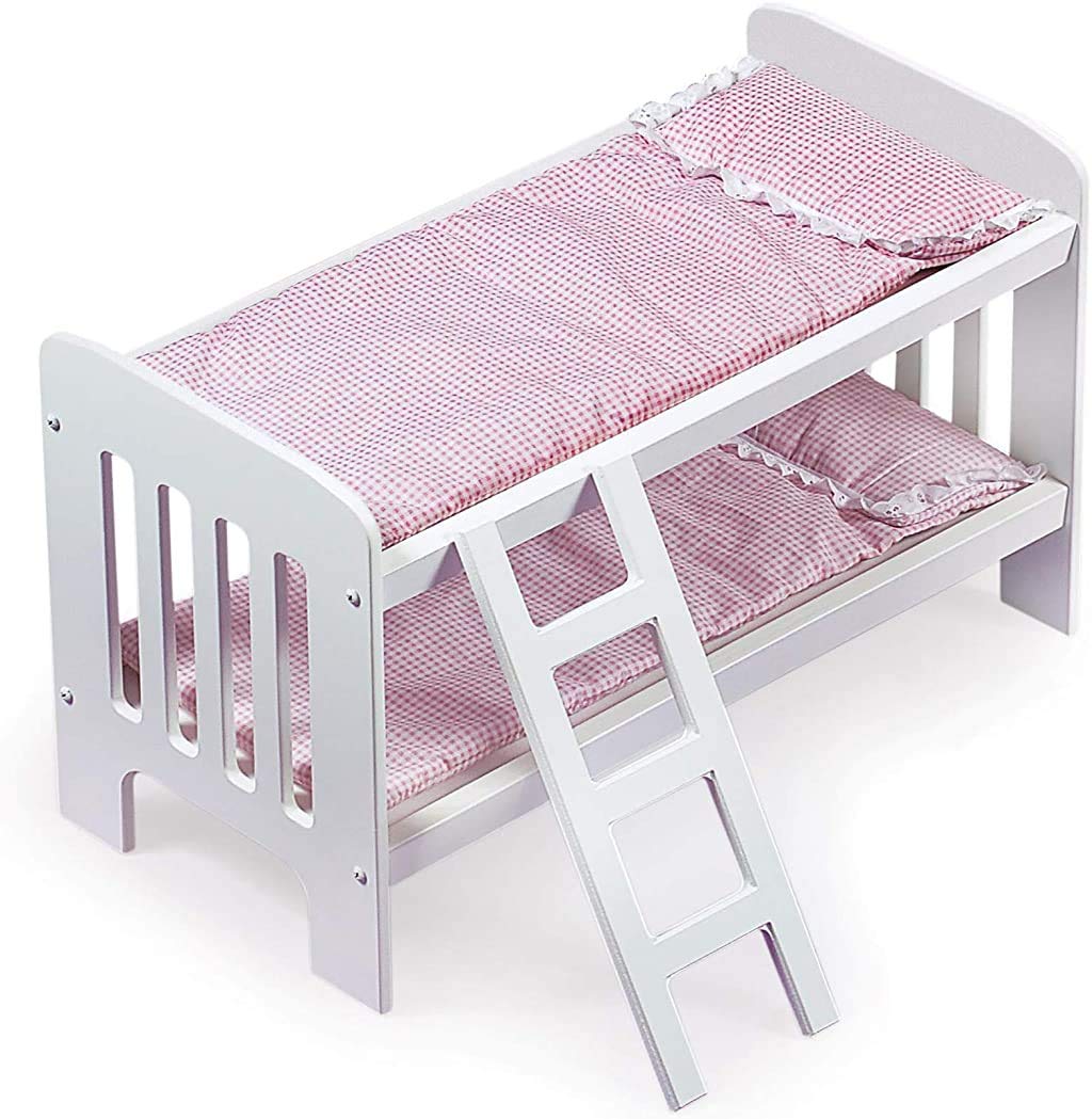 Photo 1 of **MISSING LADDER**LIKE NEW**
Badger Basket Doll Bunk Bed with Bedding & Ladder - Two Level Wooden Bed for Dolls, Includes Bedding & Accessories- White/Pink Gingham