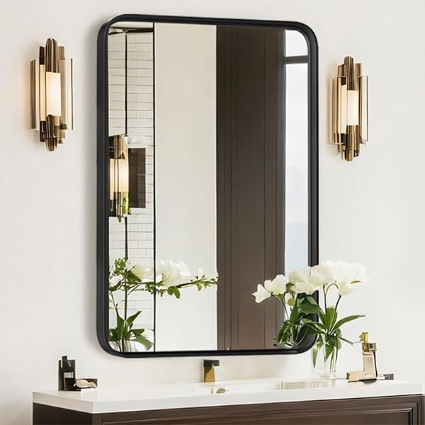 Atilioo Bathroom Mirror for Wall, 30x22 Inch Rectangle Mirror, Matte Black Metal Framed Bathroom Vanity Mirror for Restroom F