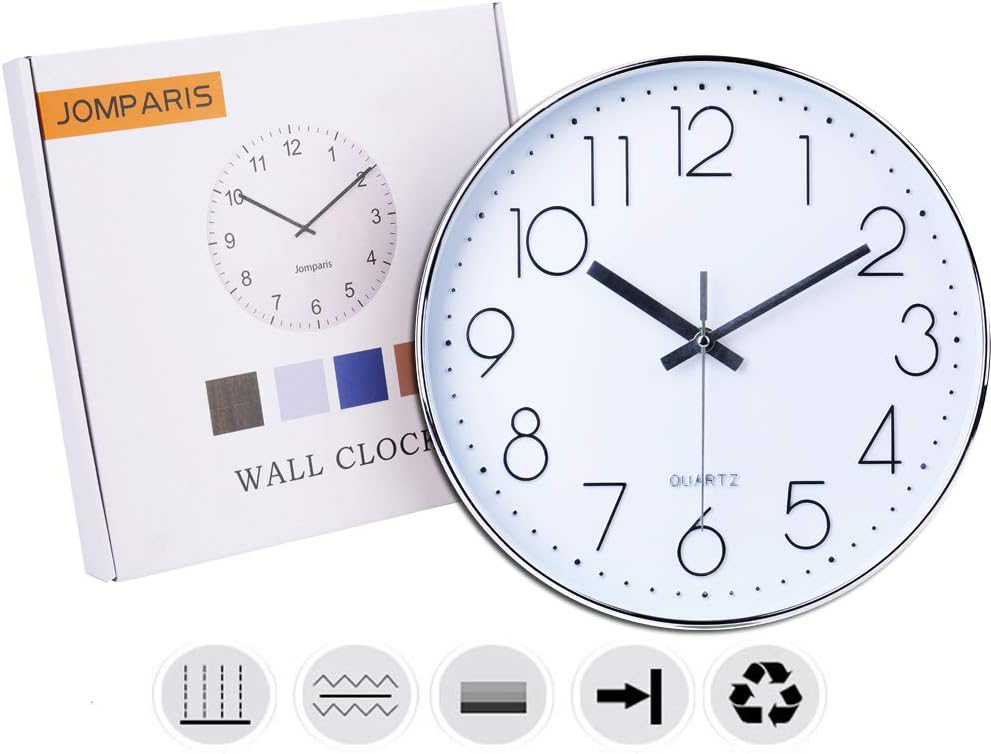 jomparis Modern 12" Battery Operated Non-Ticking Silent Sweep Movement Wall Clock Decorative for Office,Kitchen, Living Room, Bedroom, Bathroom Plastic Frame Glass Cover (Silver,Arabic Numeral): Kitchen & Dining