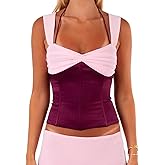 Women Square Neck Croset Tank Tops Sleeveless Lace Up Back Patchwork Going Out Tops Camisole Y2k Crop Cami Shirts