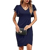 IHOT Women's V Neck Ruffle Sleeve Bodycon Sheath Wrap Ruched Casual Cocktail Party Work Dresses