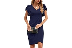 IHOT Women's V Neck Ruffle Sleeve Bodycon Sheath Wrap Ruched Casual Cocktail Party Work Dresses