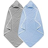 Arnzion 2 Pack Baby Hooded Bath Towel - 100% Muslin Cotton, 32x32 Inch, Gray & Blue with White Trim, Soft Absorbent Newborn Infant Toddler Towel