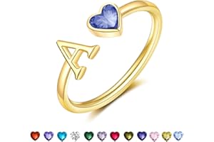 GLEZZA Stocking Stuffers - Initial Rings for Women Teen 14K Gold Plated Birthstone Rings Stackable Dainty Letter Rings Christmas Birthday Birthstone Jewelry Gifts for Mother Daughter,Adjustable Size 5-10
