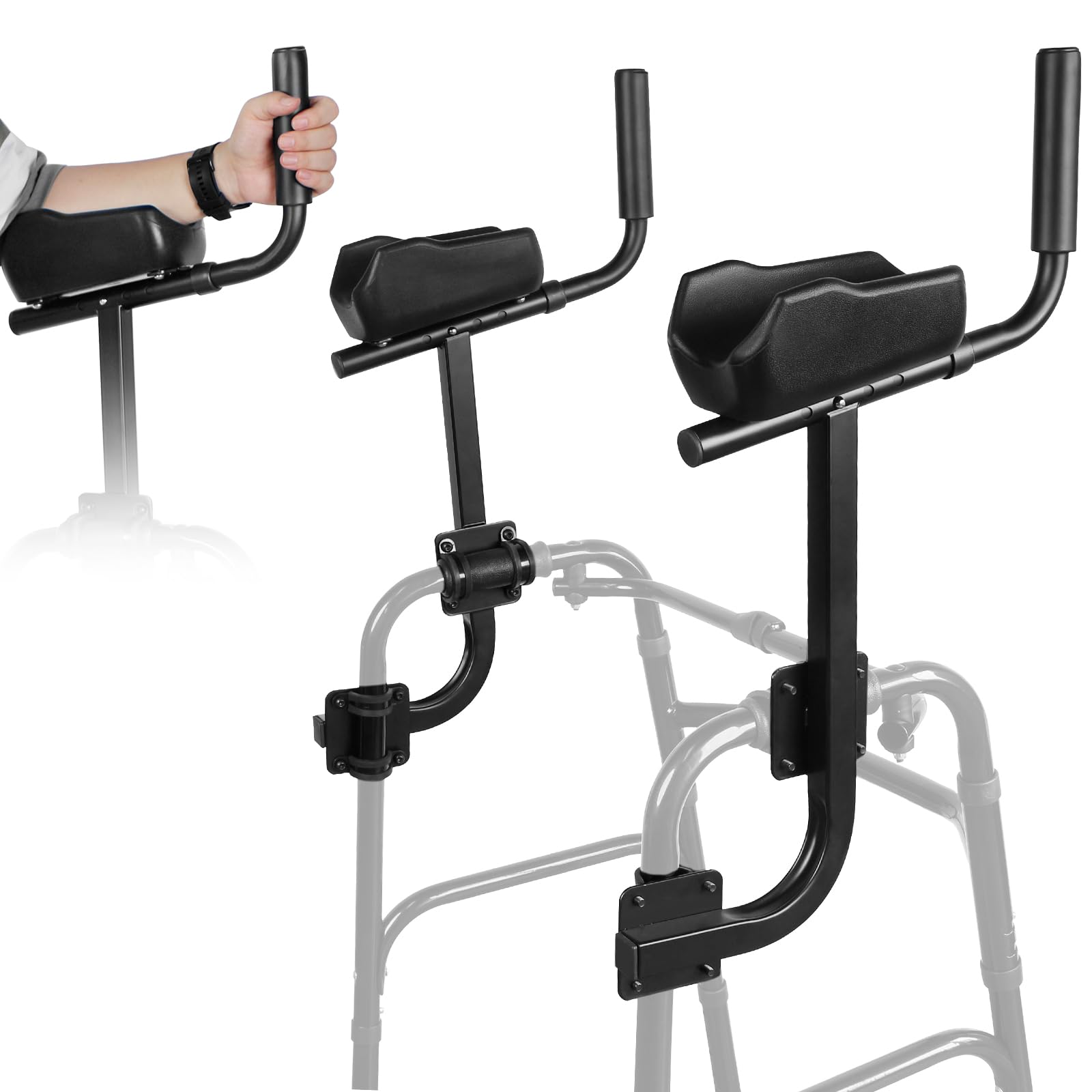Photo 1 of Ergonomic Platform Walker Attachment with Adjustable Armrest Pad - Sturdy Metal Walker Arm Support Attachment for Seniors, Attaches to Most Walkers, Black Walking Pad Bar Attachment