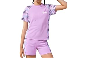 Girl 2 Pieces Swimsuit Summer Rash Guard Short Sleeve Crewneck Shirts Beach Holiday Swimsuits Bathing Set