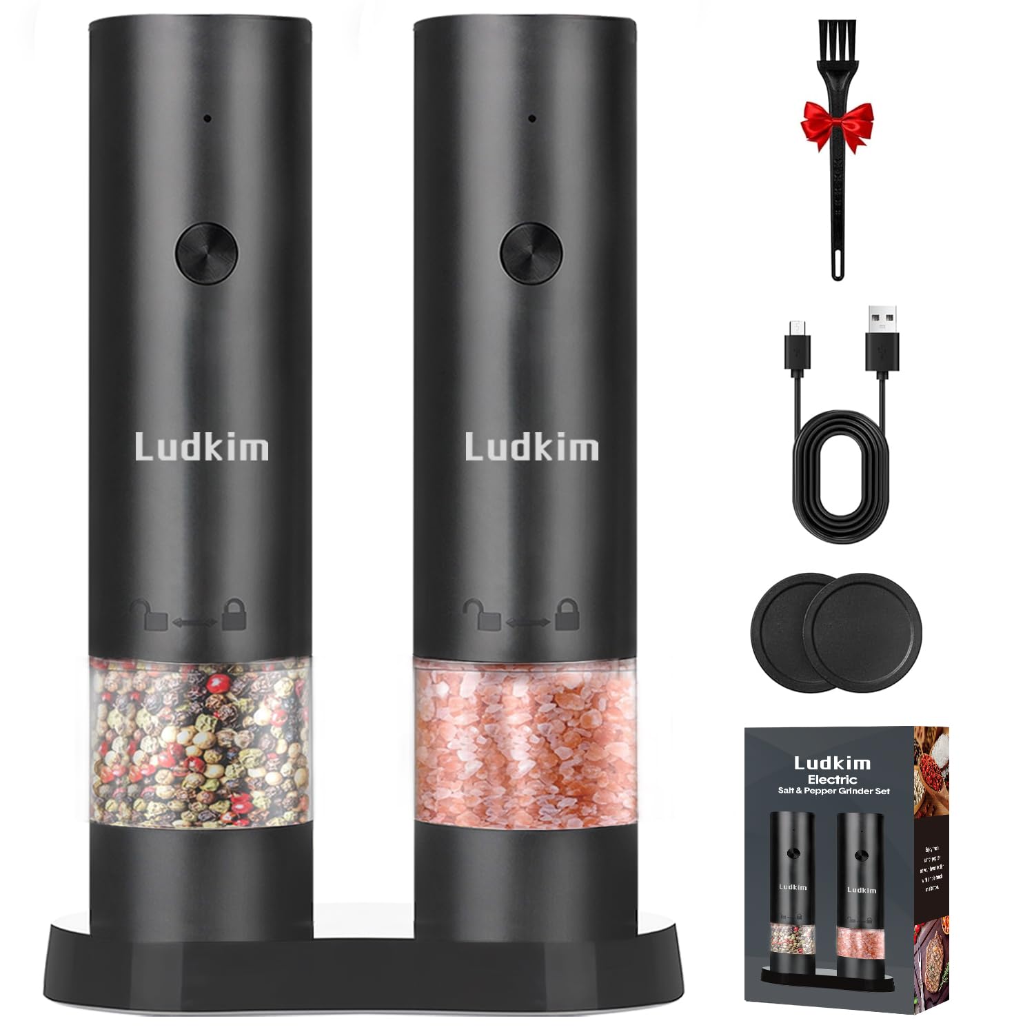 Electric Salt and Pepper Grinder Set,USB-C Rechargeable Pepper Mills with Adjustable Coarseness, Storage Tray, One-Hand Operation, Twin Pack Gift Set