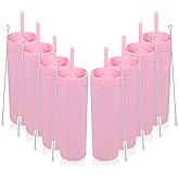 Volhoply 16oz Plastic Skinny Tumbler with Lid and Straw Bulk 8 Pack,Insulated Double Wall BPA Free Matte Acrylic Tumblers,Iced Coffee Travel Mug Reusable Party Cup,Customizable Diy Gifts(Pink,8 Set)