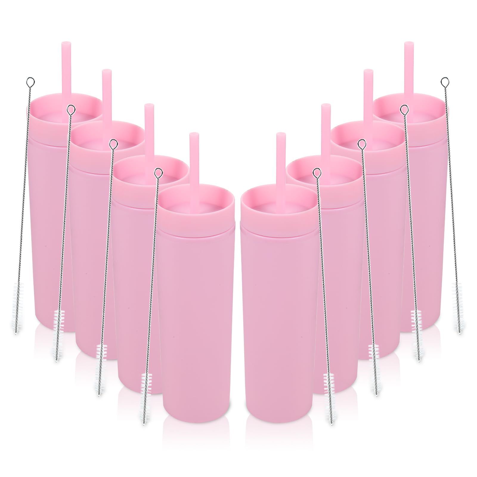 Volhoply 16oz Tumbler with Lid and Straw 8 Pack,Double Wall Plastic Skinny Tumblers Bulk,480ML Reusable Cute Coffee Mug,BPA Free Matte Acrylic Water Cups with Straw for Parties,DIY Gifts(Pink,8 Set