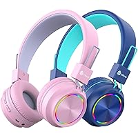 [2 Pack] iClever BTH03 Kids Wireless Headphones - Colorful Lights Headphones for Kids with MIC, Volume Control Online Schooli