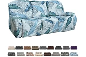 FIGOOO Recliner Sofa Slipcover 3 Seats Stretch Recliner Chair Covers Non Slip Spandex Pattern Recliner Cover with Pockets Reclining Couch Covers Furniture Protector for Dogs Cats,White Leaves