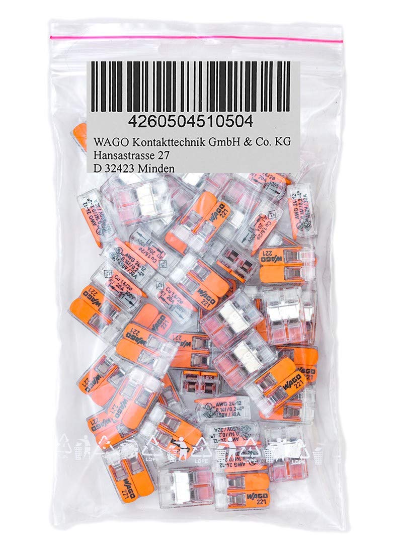 WAGO 50 Pieces 221-412 Connection Terminal 2 Wires with Lever 0,2-4 qmm Small Design, Transparent