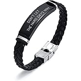 Leather Bracelet Sobriety Gifts for Men : Inspirational Quote/Bible Verse Engraved Braided Black Mens Bracelet for Him, Customized Religious Christian Gift Jewelry for Son/Dad/Boys/Boyfriend/Husband