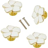 LLDYNW 4 White Flower Petal Handles Kitchen Cabinet Knobs &amp; Drawer Pulls (Gold, 8 Screws)