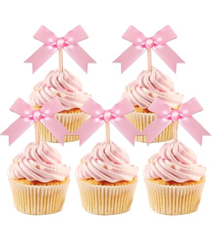 12 Décorations Cupcakes Nœud Rose Avec Perles - Toppers Non Comestibles Pour Anniversaire, Mariage, Fête Prénatale - 11