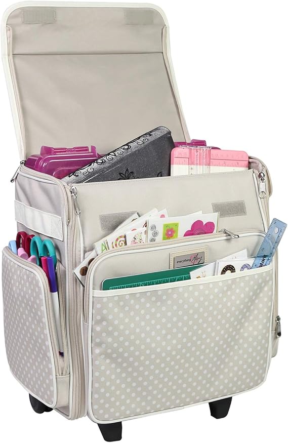 Everything Mary Collapsible Rolling Craft Bag, Tan Wheeled Scrapbook Tote for Scrapbooking